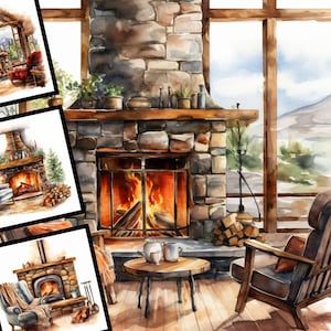 Cabine cheminée Clipart Illustration aquarelle Cosy Clipart Commercial Use Digital Design Bundle pour POD Sublimation Scrapbooking Collage