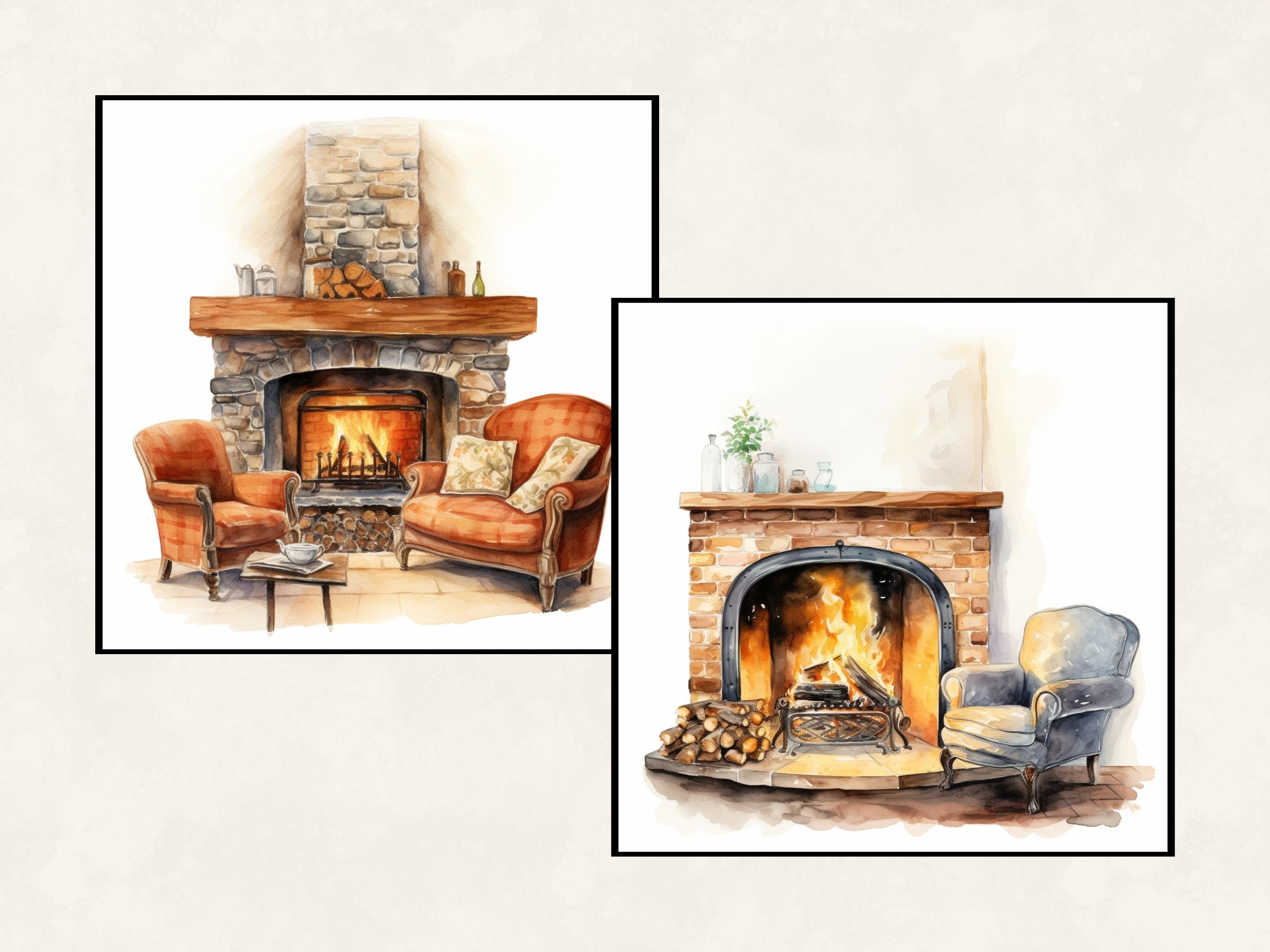 Cabin Fireplace Clipart Watercolor Illustration Cozy Clipart - Etsy