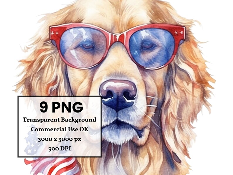K&ouml;nnte beinhalten: Ein Aquarellbild eines Golden Retrievers, der eine rote Sonnenbrille und ein rot-wei&szlig;-blaues Bandana tr&auml;gt. Der Hund schaut direkt auf den Betrachter. Der Hintergrund ist wei&szlig;.