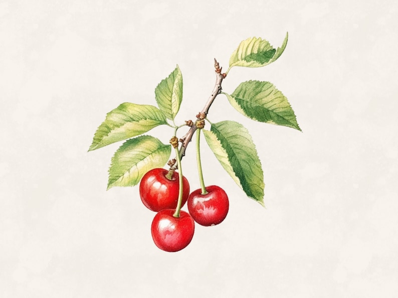 May include: Watercolor illustration of a cherry branch with three ripe, red cherries. The cherries are attached to a brown stem with green leaves. The leaves have a mix of green and yellow hues. The background is a light beige color.
