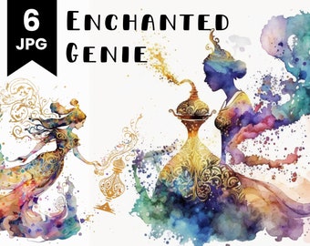 May include: A watercolor painting of two women, one with a golden lamp and the other with a golden bottle. The women are surrounded by colorful watercolor splashes and swirls. The text "6 JPG ENCHANTED GENIE" is at the top of the image.