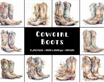 Watercolor Cowgirl Boots Clipart Bundle: Vintage Floral Designs (Commercial Use)