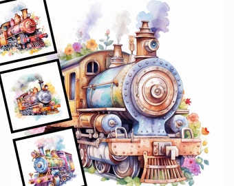 Nursery Train Engine Clipart Watercolor Commercial Use Digital Design Bundle for POD Sublimation Scrapbooking Collage Train with Flowers