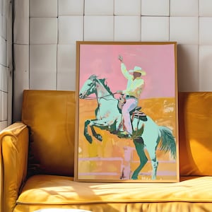 Lámina artística surrealista de vaquero y jinete: Decoración moderna del Oeste (Descarga digital)