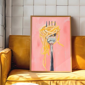 May include: A framed painting of a fork with spaghetti on a pink background.