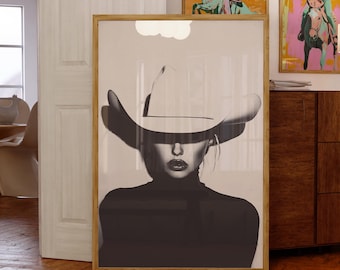 Halftone Cowgirl Art Print: B+W Photography, Minimalist Western Decor, Edgy Vintage Retro Style Poster (Digital Download Wall Art)