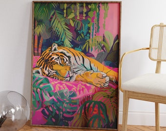 Napping Tiger Art Print: Tropical Jungle Wall Decor (Digital Download)