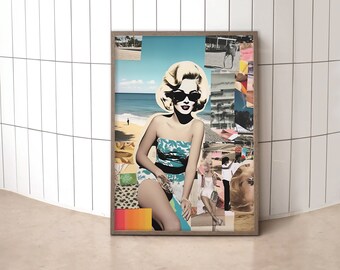 Retro Beach Collage Art Print: Eklektyczna dekoracja ścienna (pobranie cyfrowe)