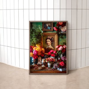 Flowers & Portrait Maximalist Art Print: Eclectic Home Decor (Digital Download)