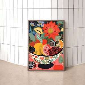 Eclectic Fruit Bowl Art Print: Colorful Kitchen Wall Decor (Digital Download)