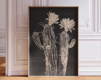 Stampa artistica di fiori di cactus scuri: decorazione murale botanica (download digitale)
