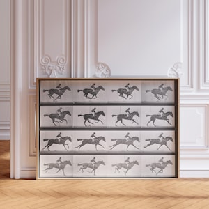 以下が含まれることがあります： 馬と騎手が駆ける一連の画像を写した白黒の額装プリント。画像はグリッド状に配置され、動きを感じさせる。