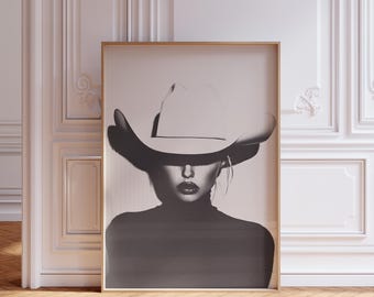 Cowgirl Halftone Art Print: Western Black and White Decor (Digital Download Wall Art)