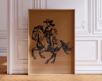 Stampa artistica di una cowgirl retrò: decorazione western marrone (download digitale di immagini artistiche)