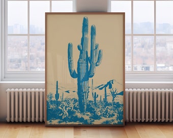 Mexican Desert Blue Saguaro Art Print, Retro Cactus Wall Decor, Desert Cactus Wall Art, Modern Southwest Print, Arizona Desert Artwork