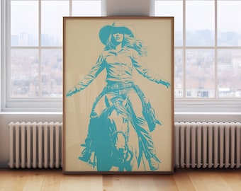 Western Cowgirl Aqua Blue Art Print • Western Aesthetic Decor • Southwest Wall Art • Cowgirl Poster