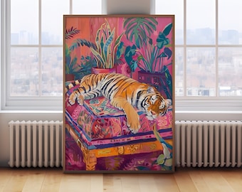 May include: A painting of a tiger lying on a colorful patterned cushion. The tiger is orange and black with white stripes. The cushion is surrounded by lush green plants in a pink and orange room.