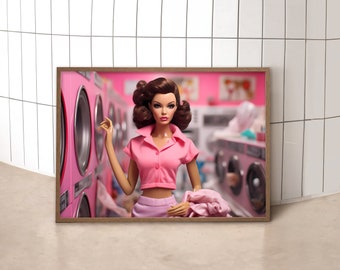 Laundry Mat Doll Art Print, Daily Chores Doll Poster, Fun Pink Wall Decor