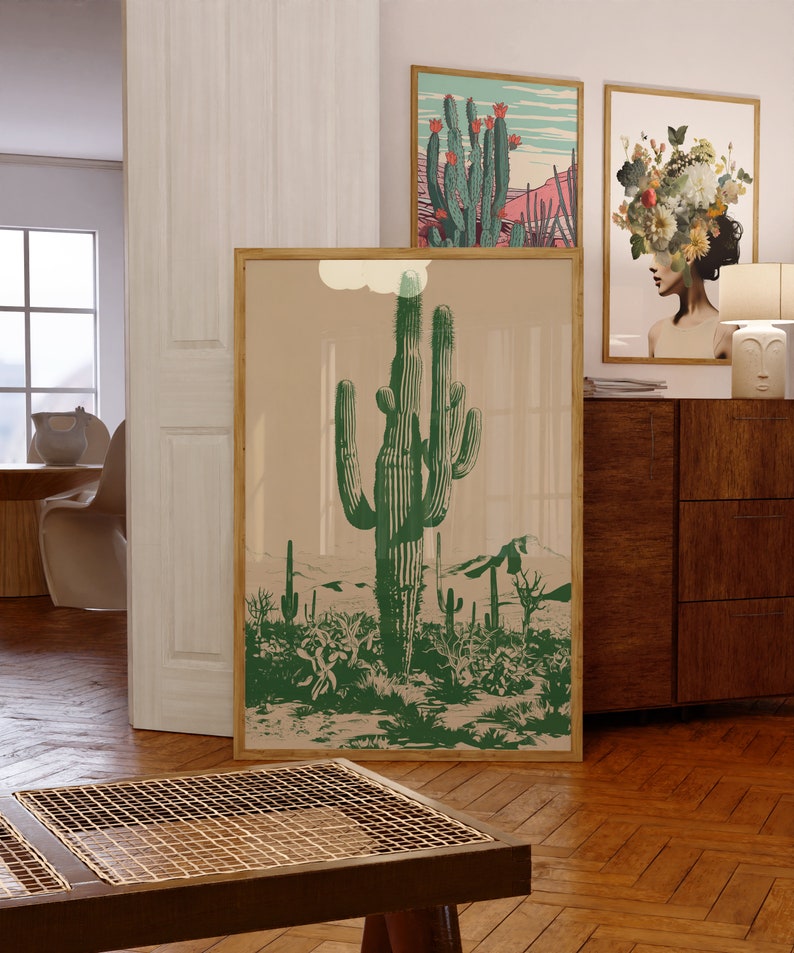 Saguaro Cactus Art Print: Hunter Green Retro Southwest Decor (Digital Download Art) image 6