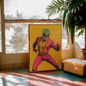 Retro Comic Style Lucha Libre Pop Art Print, Luchador Poster, Mexican Wrestler Wall Art, Pop Culture Luchador Art Print, Bold Colorful Art