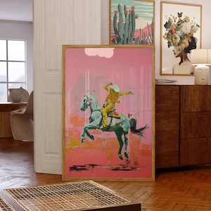 Lámina artística surrealista de vaquero y jinete: Decoración moderna del Oeste (Descarga digital)