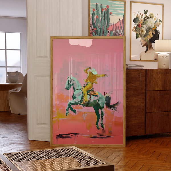 Lámina artística surrealista de vaquero y jinete: Decoración moderna del Oeste (Descarga digital)