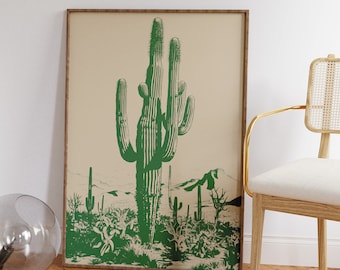Saguaro Cactus Art Print: Hunter Green Retro Southwest Decor (Digital Download Art)