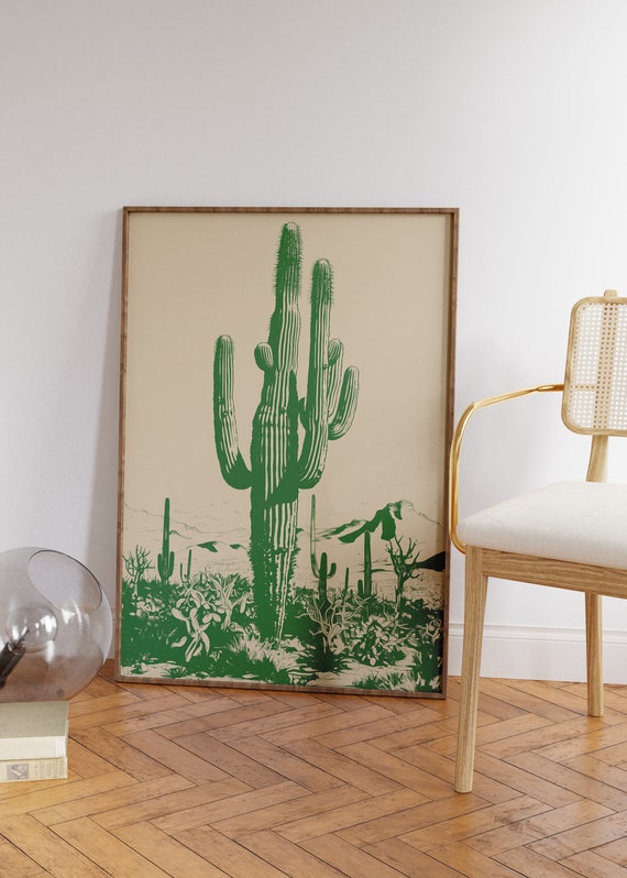Saguaro Cactus Art Print: Hunter Green Retro Southwest Decor (Digital Download Art)