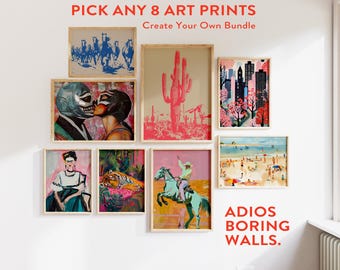May include: A collection of eight framed art prints, including a cactus, a beach scene, a couple in luchador masks, a tiger, a woman in a white dress, a cowboy riding a horse, and a cityscape. The text "Pick any 8 art prints" and "Create your own bundle" is at the top of the image. The text "Adios boring walls" is at the bottom of the image.