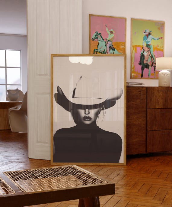 Halftone Cowgirl Art Print: B+W Photography, Minimalist Western Decor, Edgy Vintage Retro Style Poster (Digital Download Wall Art)