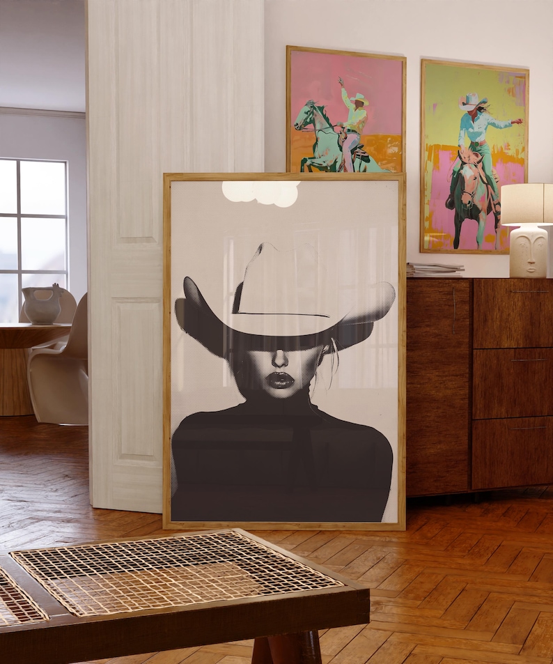 Halftone Cowgirl Art Print: B+W Photography, Minimalist Western Decor, Edgy Vintage Retro Style Poster (Digital Download Wall Art) image 1