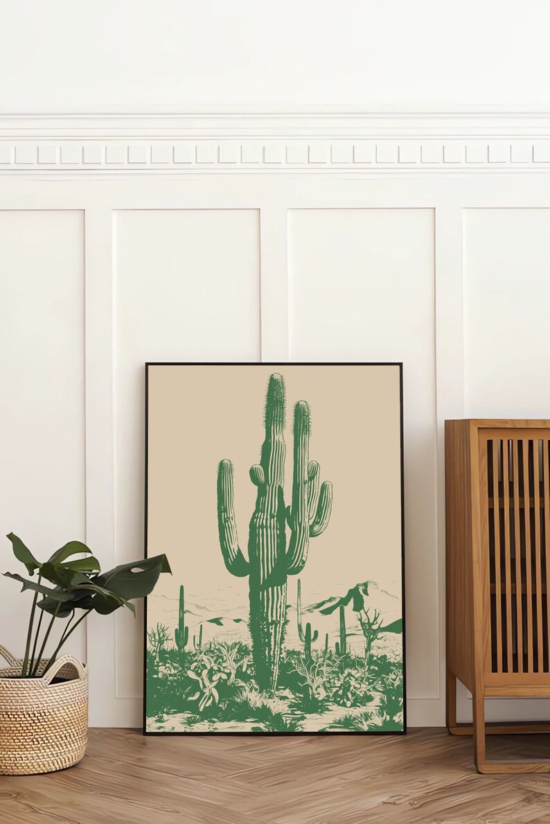 Saguaro Cactus Art Print: Hunter Green Retro Southwest Decor (Digital Download Art) image 3