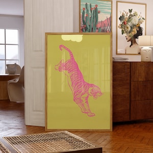 Pink Tiger Art Print: Yellow Cat Wall Decor (Digital Download)