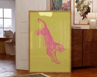 Pink Tiger Art Print: Yellow Cat Wall Decor (Digital Download)