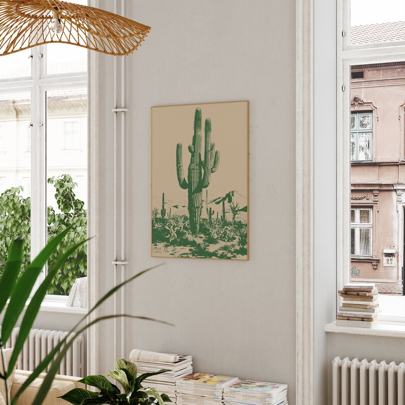 Saguaro Cactus Art Print: Hunter Green Retro Southwest Decor (Digital Download Art) image 5
