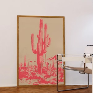 Mexican Desert Pink Saguaro Art Print, Retro Cactus Wall Decor, Desert Cactus Wall Art, Modern Southwest Print, Arizona Desert Artwork