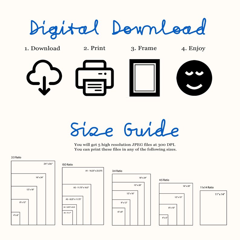 May include: A digital download guide with instructions for downloading, printing, framing, and enjoying a digital image. The guide includes a size chart with different aspect ratios and corresponding print sizes in inches.