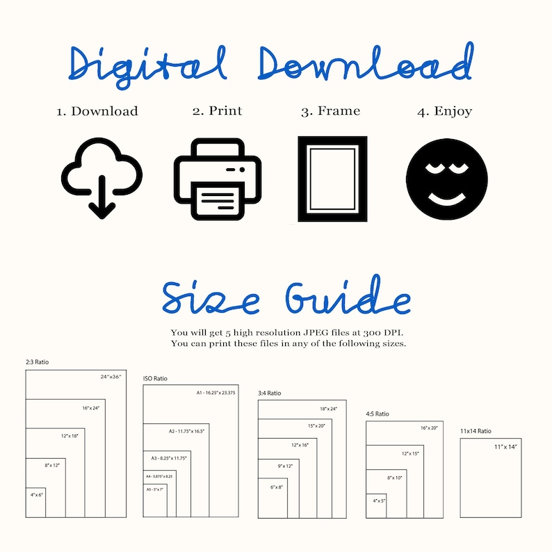 K&ouml;nnte beinhalten: Ein digitaler Download-Leitfaden mit Anweisungen zum Herunterladen, Drucken, Einrahmen und Genie&szlig;en eines digitalen Bildes. Der Leitfaden enth&auml;lt eine Gr&ouml;&szlig;entabelle mit verschiedenen Seitenverh&auml;ltnissen und den entsprechenden Druckgr&ouml;&szlig;en in Zoll.