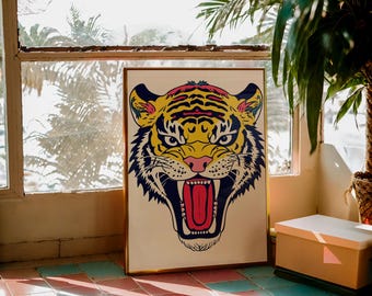 Grafika artystyczna „Tiger Roar”: kolorowa dekoracja ścienna z kotem (pobranie cyfrowe)