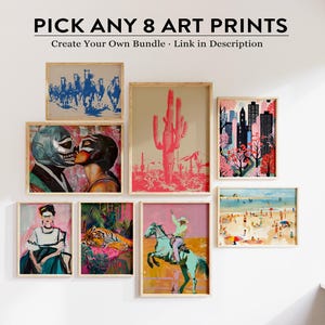 May include: A collection of eight framed art prints, including a cactus, a couple wearing luchador masks, a tiger, a woman in a white dress, a cowboy riding a horse, a city skyline, a group of horses, and a beach scene. The prints are all in different styles and colors, and they would look great in any home.