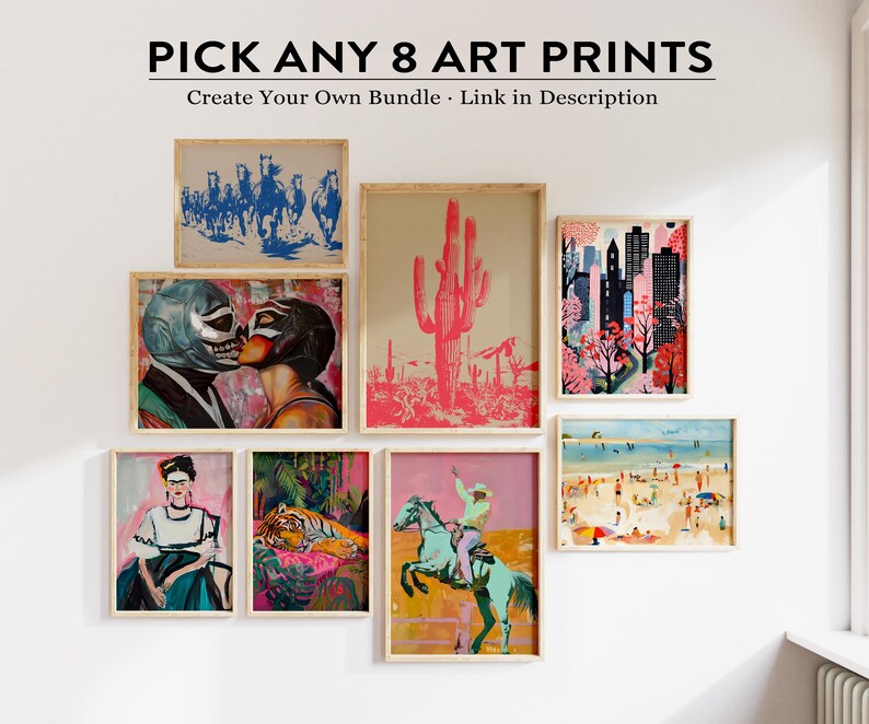 May include: A collection of eight framed art prints, including a cactus, a couple wearing luchador masks, a tiger, a woman in a white dress, a cowboy riding a horse, a city skyline, a group of horses, and a beach scene. The prints are all in different styles and colors, and they would look great in any home.
