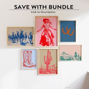 May include: A set of six digital prints featuring a cowgirl riding a horse, a pair of cowboy boots, a cactus, a horseshoe, and two scenes of a cowboy riding a horse in a desert landscape. The prints are in a red, blue, and green color scheme.