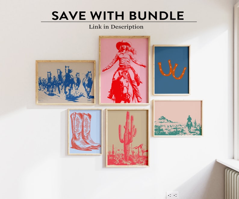 May include: A set of six digital prints featuring a cowgirl riding a horse, a pair of cowboy boots, a cactus, a horseshoe, and two scenes of a cowboy riding a horse in a desert landscape. The prints are in a red, blue, and green color scheme.