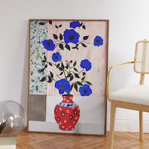 Colagem abstrata de vaso vermelho com flores azuis, impressão artística, download de arte digital, arte de parede para impressão, arte grande para impressão, decoração de parede, impressão digital