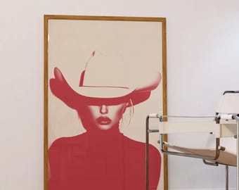 Firebrick Red Cowgirl Art Print: Halftone Western Decor (Digital Download Wall Art)