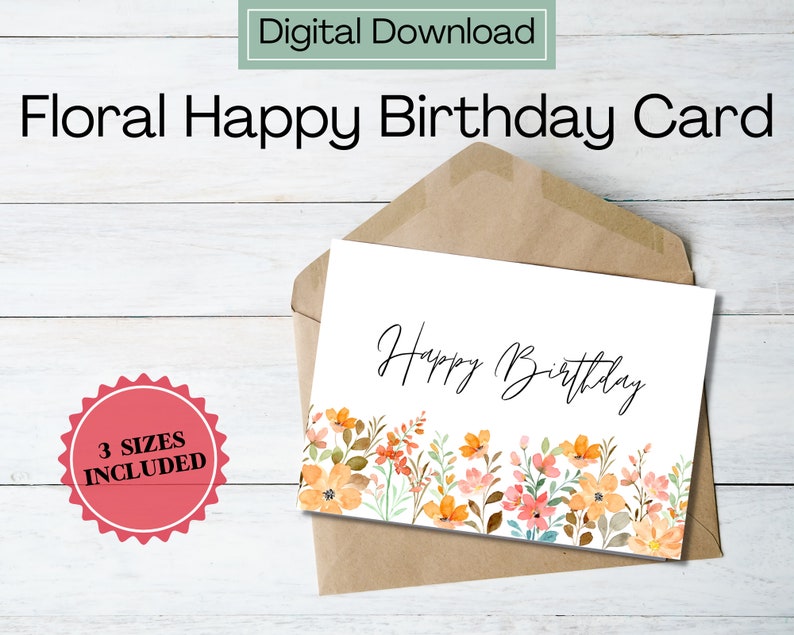 Watercolor Pretty Floral Happy Birthday Card | Landscape | 3 Sizes ...