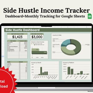 Side Hustle Income Tracker | Google Sheets Dashboard & Monthly Income Log