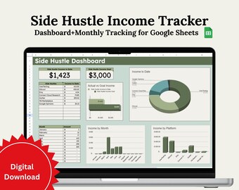 Side Hustle-inkomenstracker | Google Spreadsheets-dashboard en maandelijks inkomstenlogboek