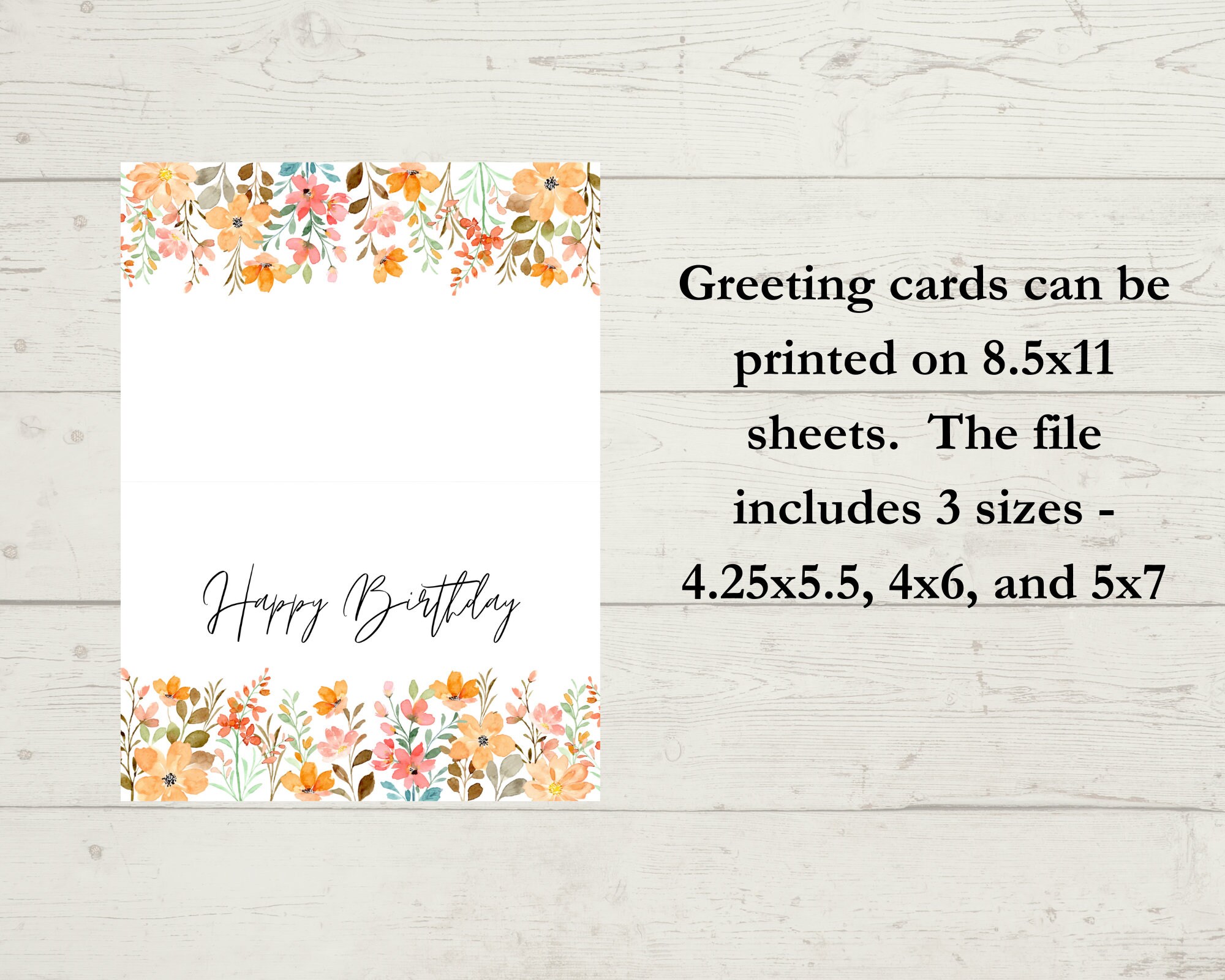 Watercolor Pretty Floral Happy Birthday Card | Landscape | 3 Sizes ...