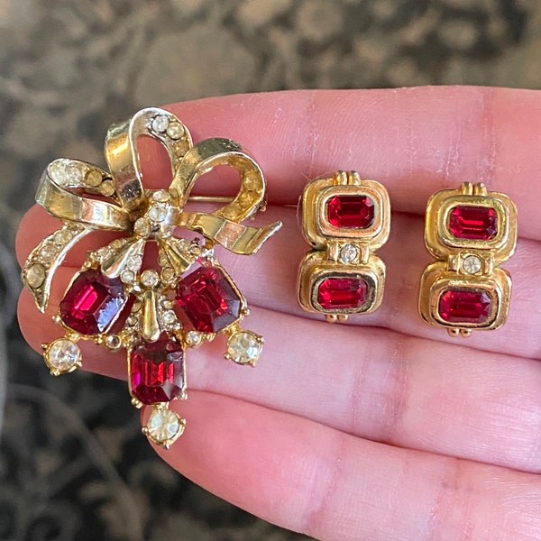 Vintage Coro script mark red ruby rhinestone ribbon brooch pin and Avon Glamorous Touch Ruby rhinestone earrings